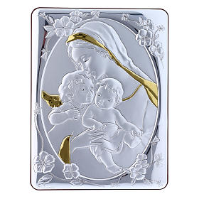 Quadro bilaminado Virgem com Menino e anjo detalhes ouro reverso madeira maciça 21,6x16,3 cm
