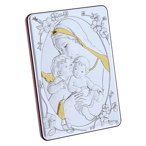 Our Lady with Baby Jesus and Angel painting finished in gold, made of laminboard with refined wooden back 14x10 cm 2