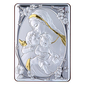 Our Lady with Baby Jesus and Angel painting finished in gold, made of laminboard with refined wooden back 14x10 cm