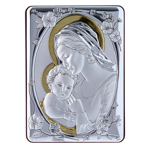 Our Lady with Baby Jesus painting finished in gold, made of laminboard with refined wooden back 14x10 cm 1