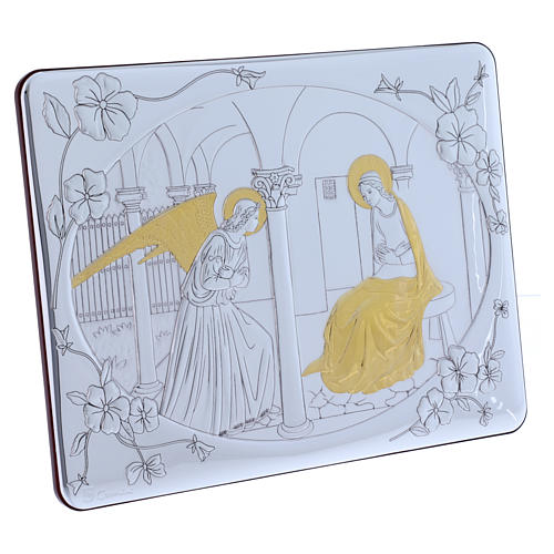 Annunciation painting in laminboard finished in gold and refined wooden back 33X25 cm 2