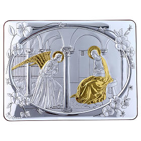 Annunciation painting in laminboard finished in gold and refined wooden back 16,3X21,6 cm