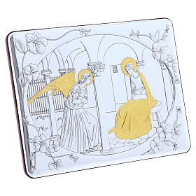 Annunciation painting in laminboard finished in gold and refined wooden back 16,3X21,6 cm