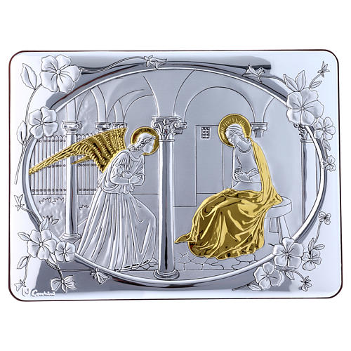 Annunciation painting in laminboard finished in gold and refined wooden back 16,3X21,6 cm 1