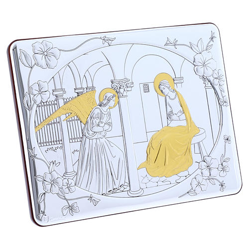 Annunciation painting in laminboard finished in gold and refined wooden back 16,3X21,6 cm 2