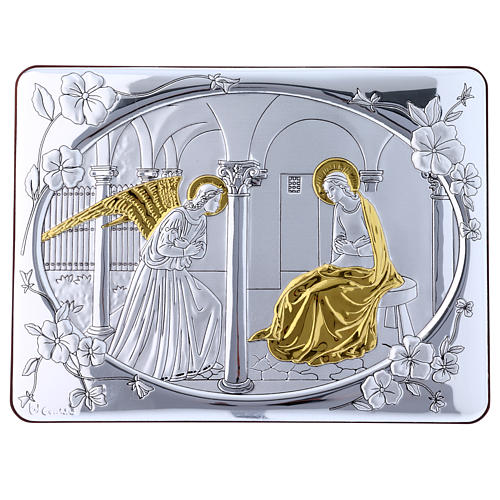 Annunciation painting in laminboard finished in gold and refined wooden back 16,3X21,6 cm 4