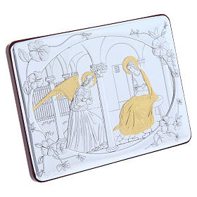 Annunciation painting in laminboard finished in gold and refined wooden back 10X14 cm