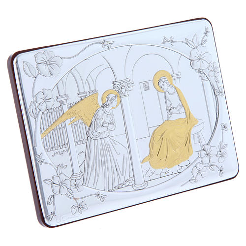Annunciation painting in laminboard finished in gold and refined wooden back 10X14 cm 2