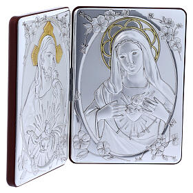 Bild ausBilaminat vom heiligen Herzen Mariens mit Jesus und mit Rűckseite aus edlem Holz und Goldverzierungen, 14 x 21 cm