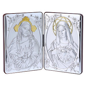 The Immaculate Heart of Mary and the Sacred Heart of Jesus painting in laminboard finished in gold and refined wooden back 14X21 cm