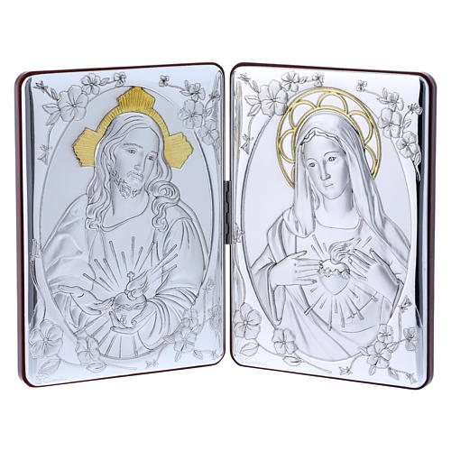 The Immaculate Heart of Mary and the Sacred Heart of Jesus painting in laminboard finished in gold and refined wooden back 14X21 cm 1