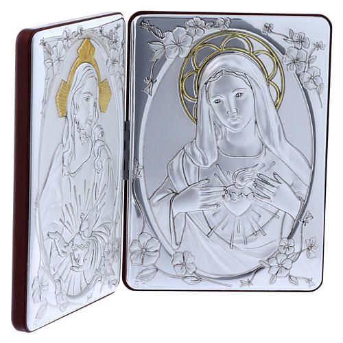 The Immaculate Heart of Mary and the Sacred Heart of Jesus painting in laminboard finished in gold and refined wooden back 14X21 cm 2