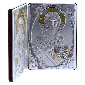 Diptyque bi-laminé avec arrière bois massif détails or Vierge Tendresse Christ Pantocrator 14x21 cm