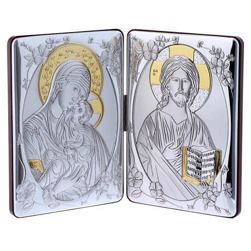 Diptyque bi-laminé avec arrière bois massif détails or Vierge Tendresse Christ Pantocrator 14x21 cm 1