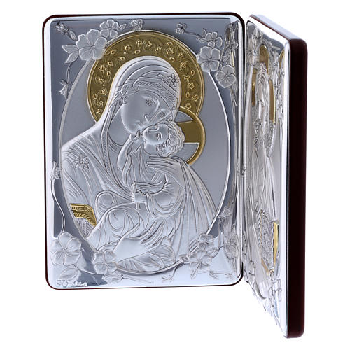 Diptyque bi-laminé avec arrière bois massif détails or Vierge Tendresse Christ Pantocrator 14x21 cm 3