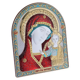 Quadro bilaminado reverso madeira maciça acabamento ouro Mãe de Deus Kazanskaya vermelha 16,7x13,6 cm