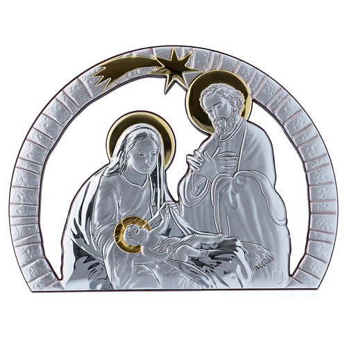 Holy Family painting in aluminium with refined wooden back 16,3X21,6 cm 1