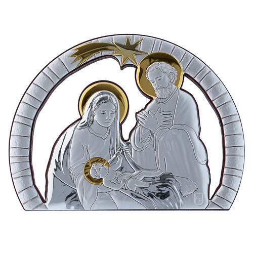 Bild der Heiligen Familie aus Aluminium und aus edlem Holz, 10 x 14 cm 1