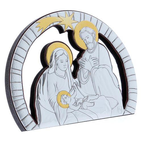 Bild der Heiligen Familie aus Aluminium und aus edlem Holz, 10 x 14 cm 2