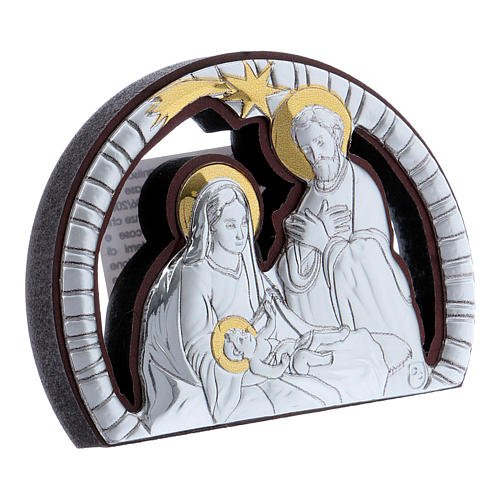 Holy Family painting in aluminium with refined wooden back 4,8X6,4 cm 2
