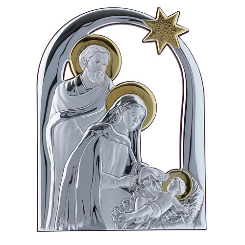 Holy Family and comet painting in aluminium with refined wooden back 21,6X16,3 cm 1
