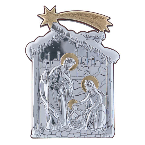 Bild aus Aluminium der Heiligen Familie mit Hűtte und Rűckseite aus Holz, 14 x 10 cm 1
