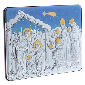 Bild von Christi Geburt mit den heiligen drei Kőnigen aus Alumimiun mit Rűckseite aus edelem Holz, 16,3 x 21,6 cm
