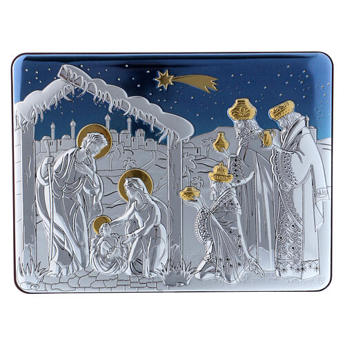 Bild von Christi Geburt mit den heiligen drei Kőnigen aus Alumimiun mit Rűckseite aus edelem Holz, 16,3 x 21,6 cm 1