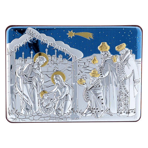 Holy Family and Three Wise Men painting in aluminium and refined wood 10X14 cm 1