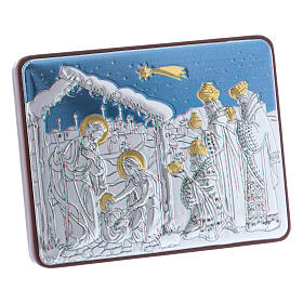 Bild von Christi Geburt mit den Heiligen Drei Königen aus Aluminium mit Goldverzierungen, 4,8 x 6,4 cm