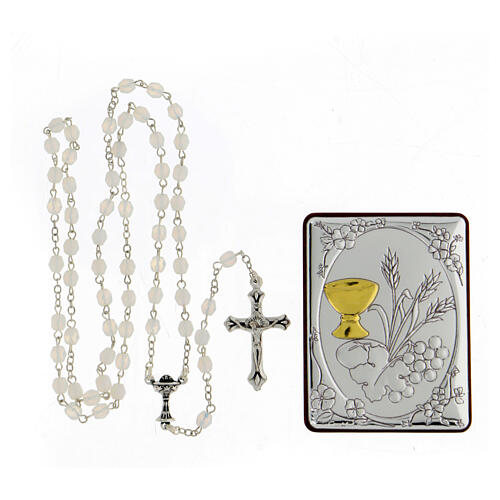 Wheat ear chalice and grapes painting in aluminium with wooden back and rosary composed by glass pearls 1