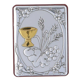 Baixos-relevos Prata: Quadro trigo pão cálice uva em alumínio reverso madeira e terço contas vidro Baixos-relevos Prata: Quadro trigo pão cálice uva em alumínio reverso madeira e terço contas vidro
