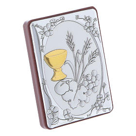 Baixos-relevos Prata: Quadro trigo pão cálice uva em alumínio reverso madeira e terço contas vidro Baixos-relevos Prata: Quadro trigo pão cálice uva em alumínio reverso madeira e terço contas vidro