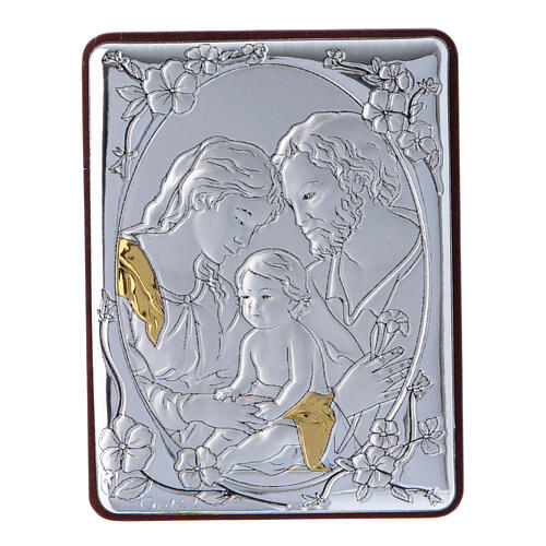 Bild der Heiligen Familie aus Aluminium und Holz mit weißem Rosenkranz mit Glasperlen 1