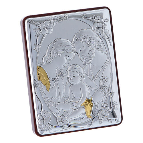 Bild der Heiligen Familie aus Aluminium und Holz mit weißem Rosenkranz mit Glasperlen 2