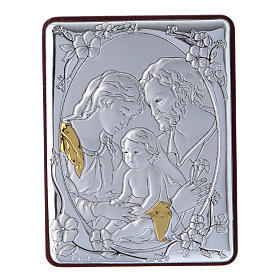 Holy Family painting in aluminium and wood and white rosary with glass pearls