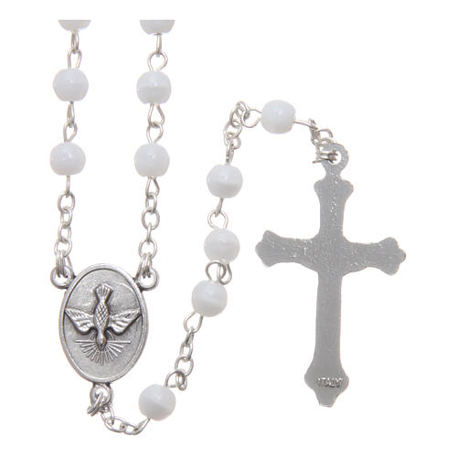 Holy Family painting in aluminium and wood and white rosary with glass pearls 5