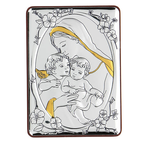 Bas-relief argent bilaminé Vierge à l'Enfant avec ange 10x7 cm 1
