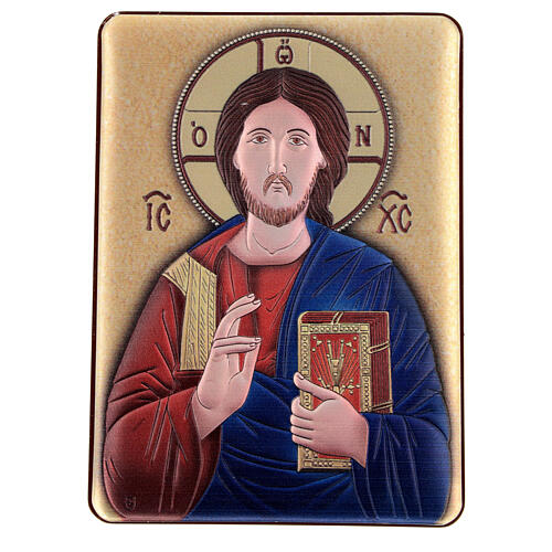 Couloured picture of Christ Pantocrator, silver bilaminate metal, 5.5x4 in 1