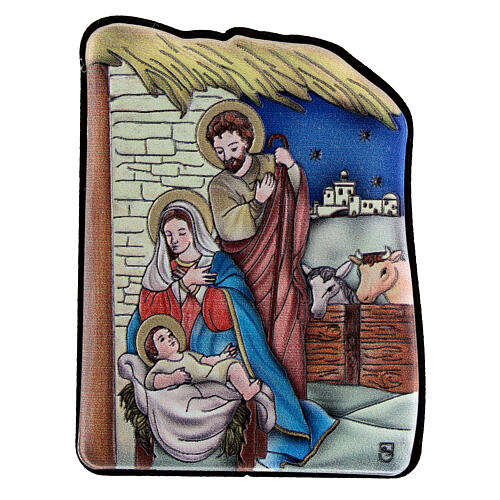 Coloured bilaminate bas-relief of the Nativity in the stable, 2.5x2 in 1