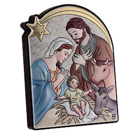 Coloured bilaminate bas-relief of the Nativity with ox and donkey, 2.5x2 in