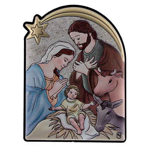 Coloured bilaminate bas-relief of the Nativity with ox and donkey, 2.5x2 in 1