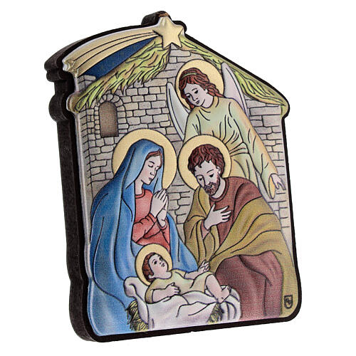 Coloured bilaminate bas-relief of the Nativity with angel, 2.5x2 in 2