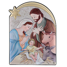 Bilaminated Holy Family picture with ox and donkey 14x10 cm