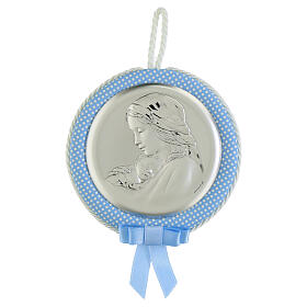 Light blue medal for cradle with music box by Valenti, Virgin with Child