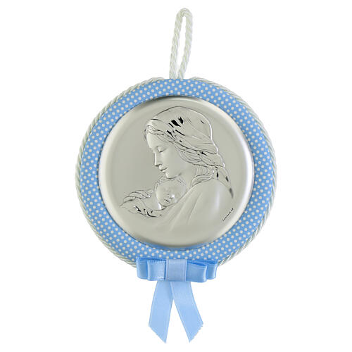 Light blue medal for cradle with music box by Valenti, Virgin with Child 1