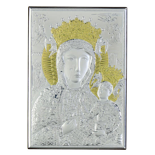 Our Lady of Czestochowa, silver bilaminate with golden details and stones, Valenti Argenti, 5x3.5 in 1