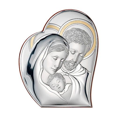 Silver bilaminate heart with Holy Family image, golden details, Valenti, 10x9 in 1
