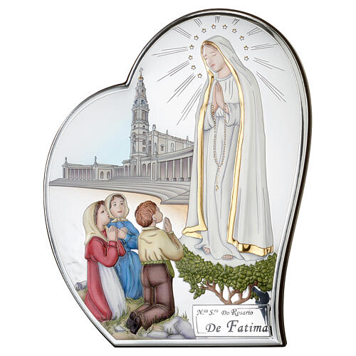 Our Lady of Fatima, colourful silver bilaminate heart, 4x3.5 in, Valenti Argenti 1