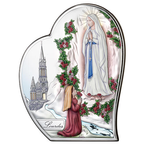 Our Lady of Lourdes, silver bilaminate heart with coloured finish, 4x3.5 in, Valenti Argenti 1